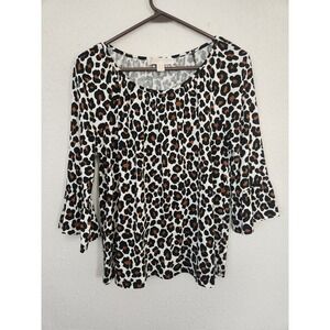 Michael Kors Women's Small Brown White and Black Animal Print Shirt 3/4 Sleeve